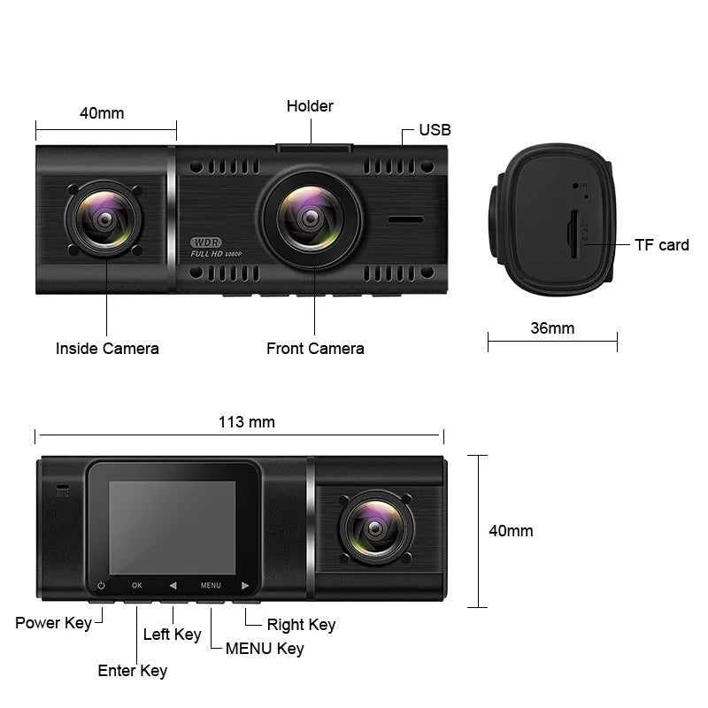 Standard black car dash camera for front and rear recording with a 1.5-inch screen
