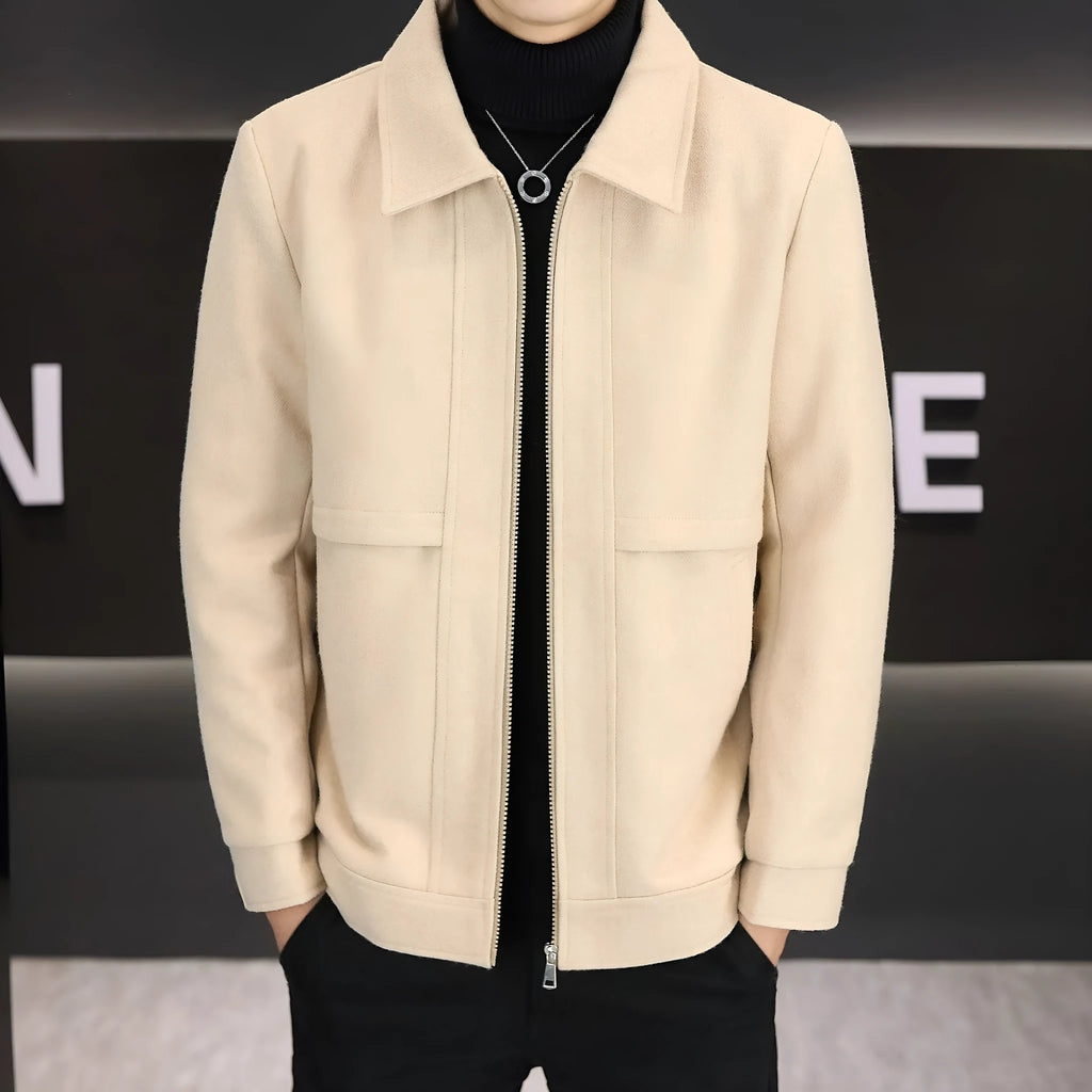 Men's khaki casual polo collar jacket with side seam pockets on a neutral background.