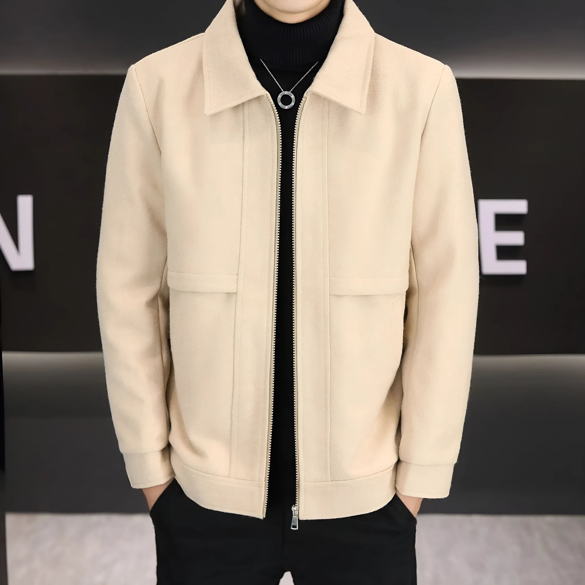 Men's khaki casual polo collar jacket with side seam pockets on a neutral background.