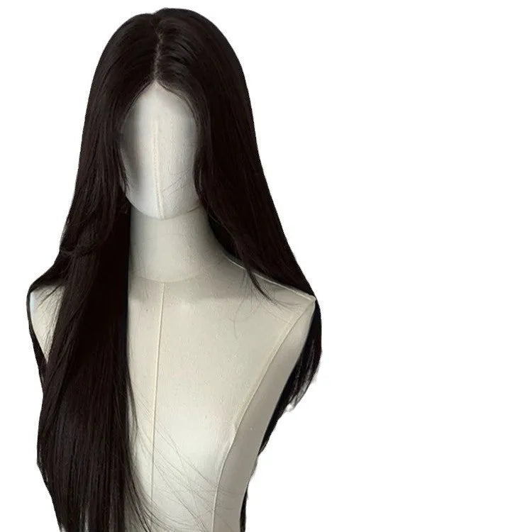 Black long straight full-head synthetic wig with lace front and side bangs.