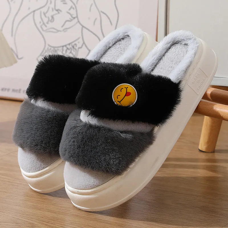 Thermal cotton slippers with plush upper in pink green colour matching, cashmere lining, and non-slip sole