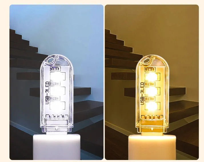 Small white USB LED night light showing warm and white light colour options