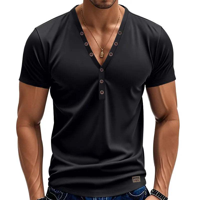 Men's loose fit V-neck pullover with button design in polyester blend fabric for sports