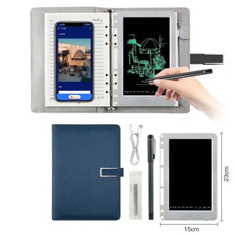 85-inch Master Software electronic writing pad with stitching appearance in blue, showing smart pen.