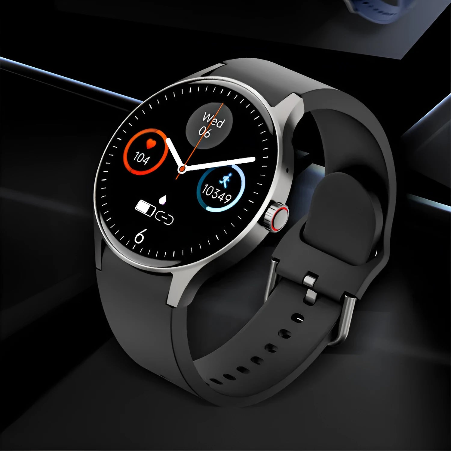 Black unisex smartwatch with a round 1.43-inch screen on a wrist, showing a fitness tracker display.