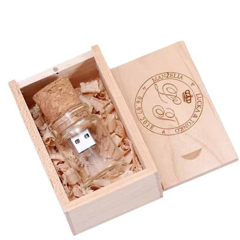 Transparent wooden drift bottle shaped USB flash drive measuring 60 by 28mm