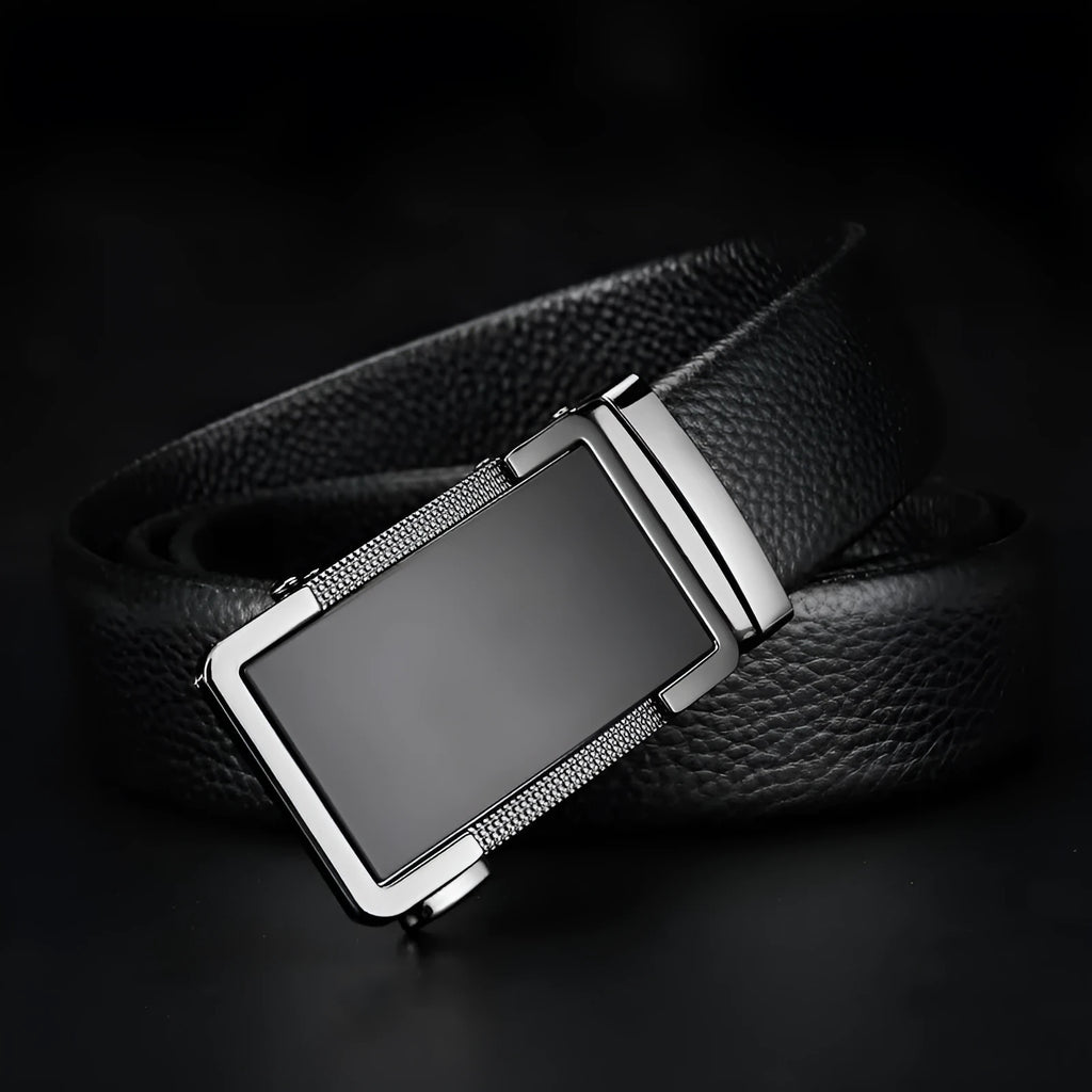 Men's automatic buckle leather belt in gun black, silver, and gold colour options showing the comfort click mechanism.