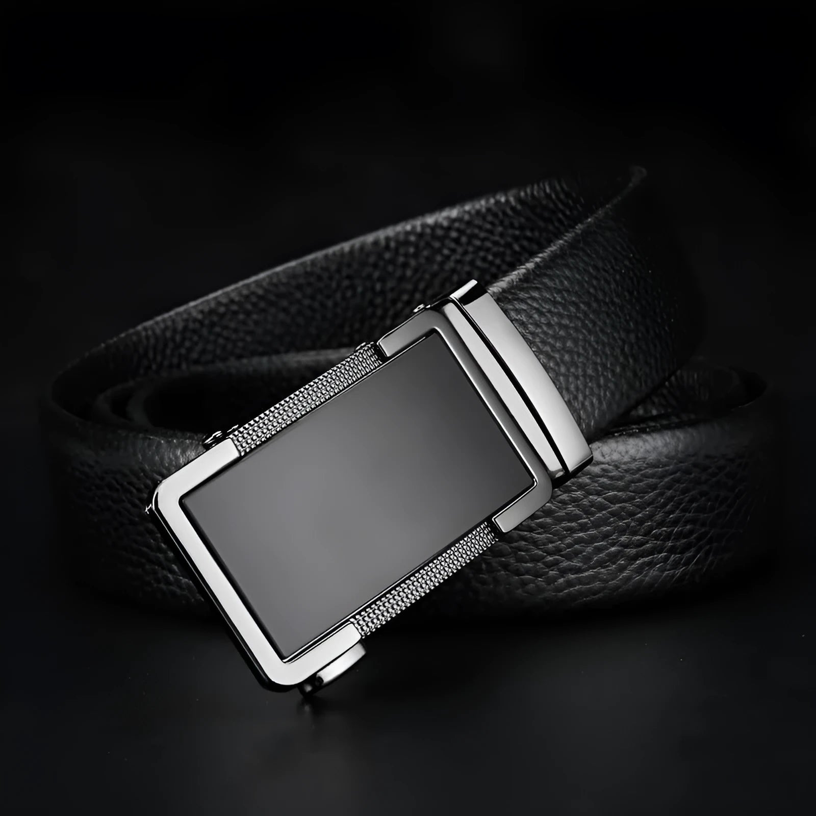 Men's automatic buckle leather belt in gun black, silver, and gold colour options showing the comfort click mechanism.