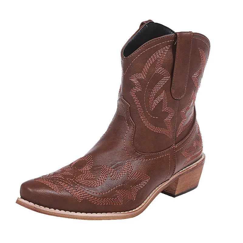Women's blue Western cowgirl boots with embroidery details and low wedge heel