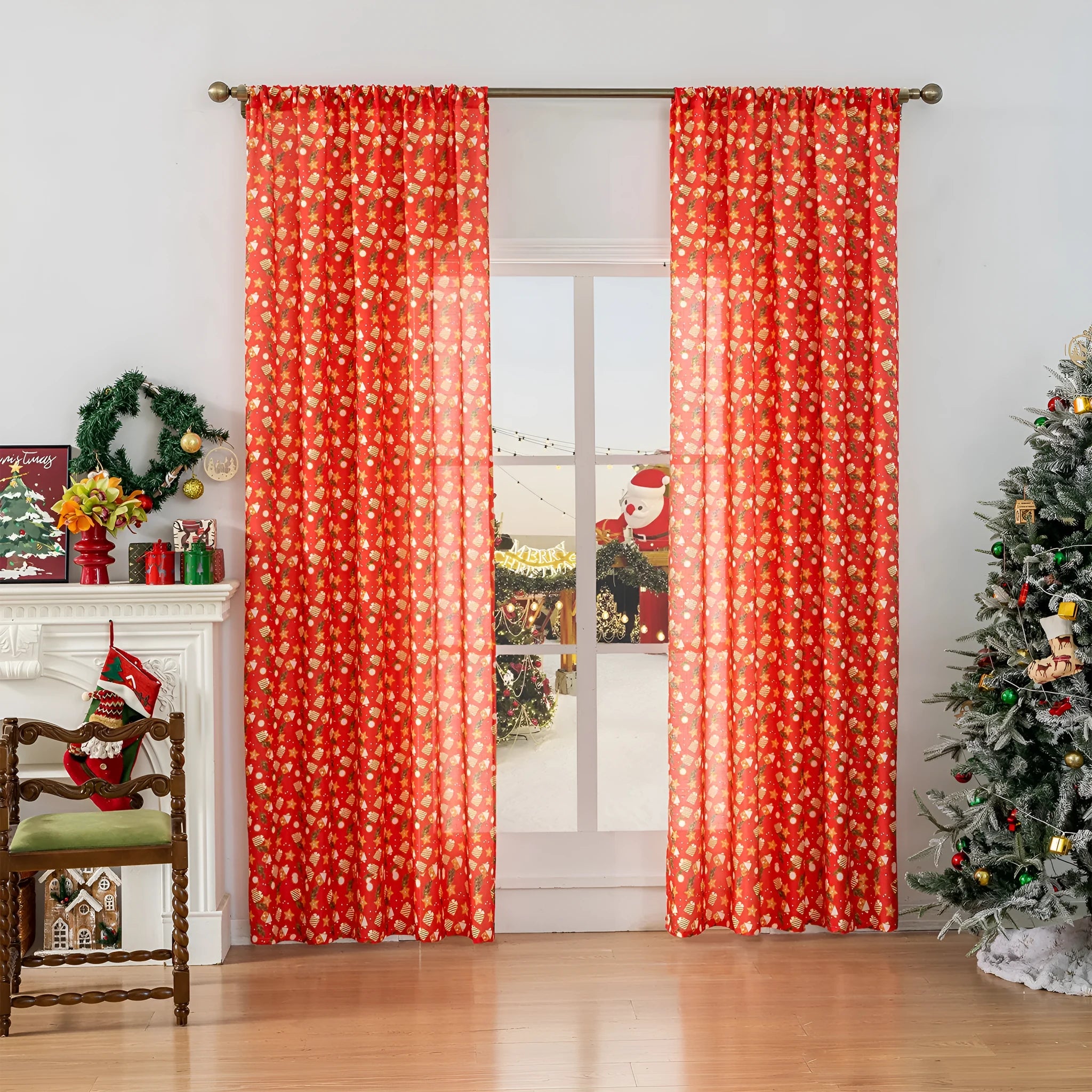 Christmas curtain with snowman and angel print pattern in green colour, American style design for living room windows