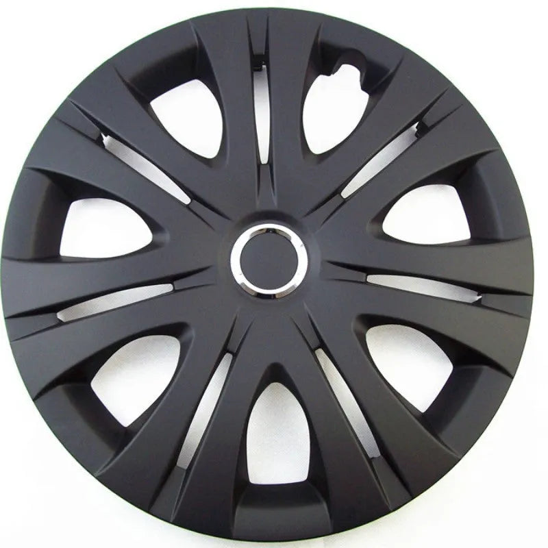 Universal monochrome ABS plastic wheel hub cover in silver finish, shown next to a black version.