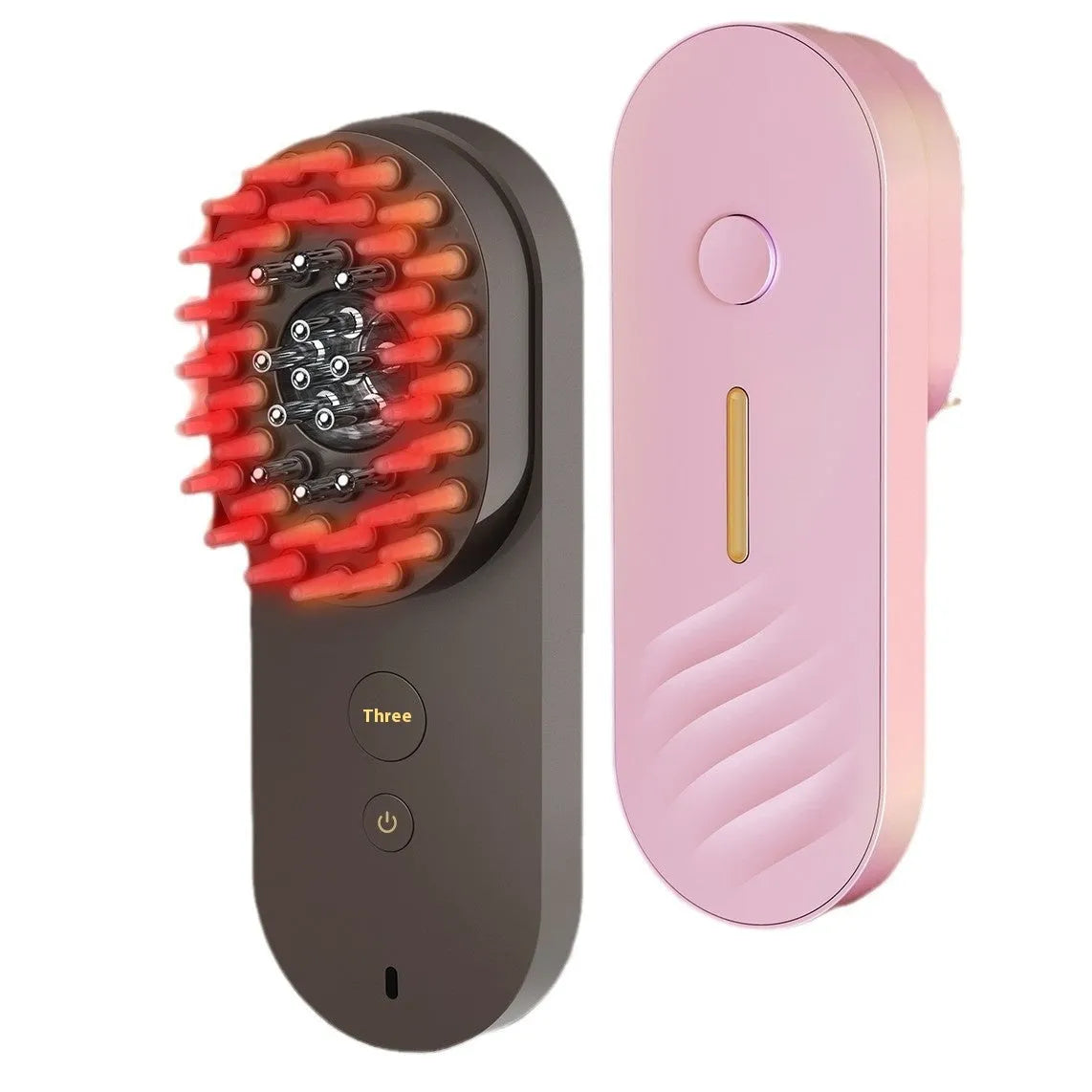 Pink and black smart massage comb for scalp care with red light therapy, shown next to a ruler indicating size under 10cm.