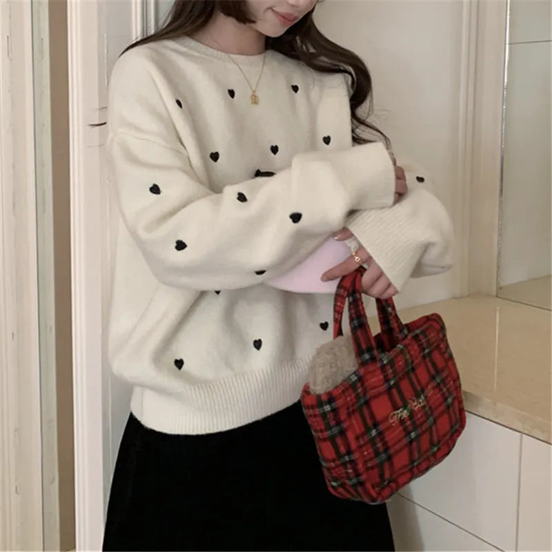 Beige women's acrylic pullover sweater with embroidered love pattern and loose fit