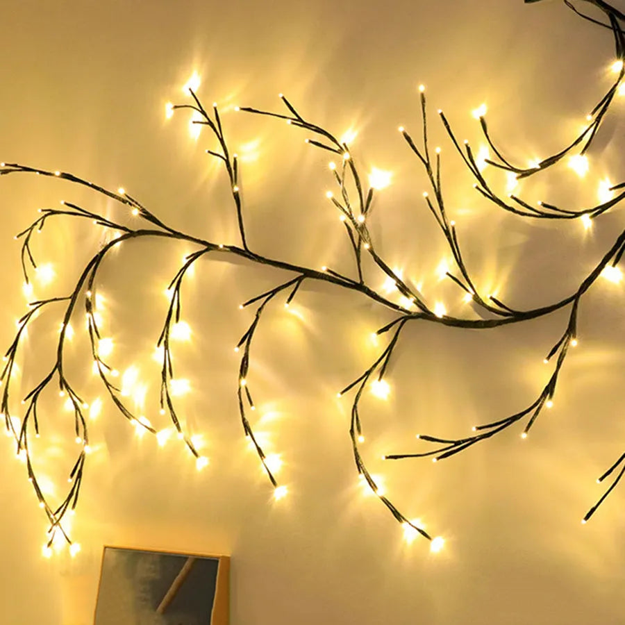Flexible LED willow vine garland with 144 warm white lights and birch bark texture for wall decoration