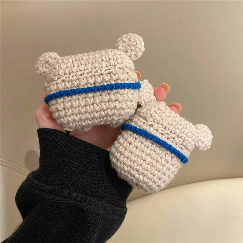 Hand-knitted koala bear backpack design cover for Apple AirPods and AirPods Pro charging case.