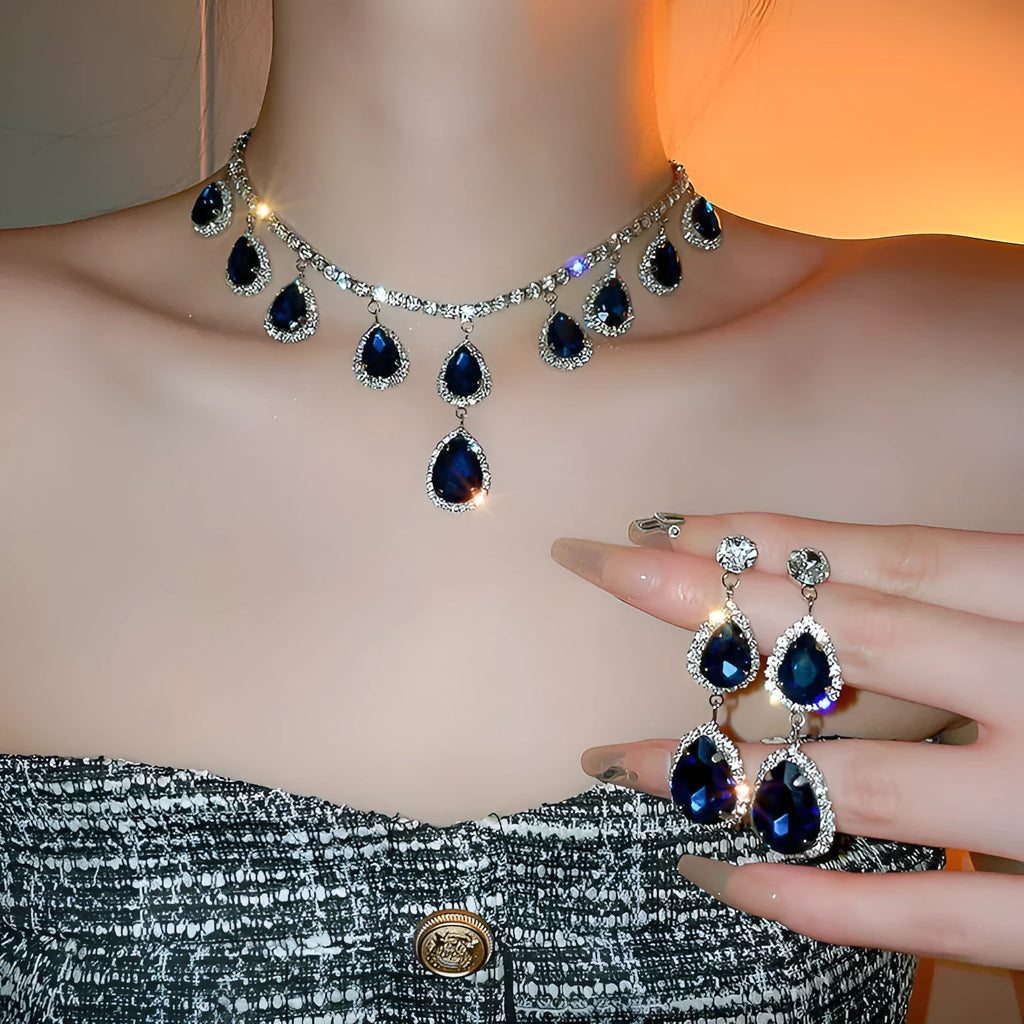 Silver needle water drop earrings and necklace set in blue with zircon pendants and diamond treatment
