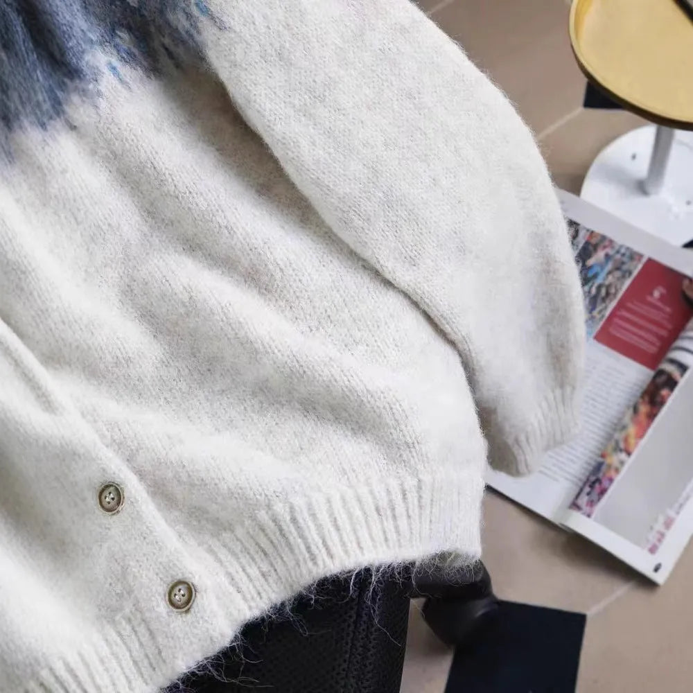 Women's contrast colour jacquard thickened sweater coat loose fit long sleeves
