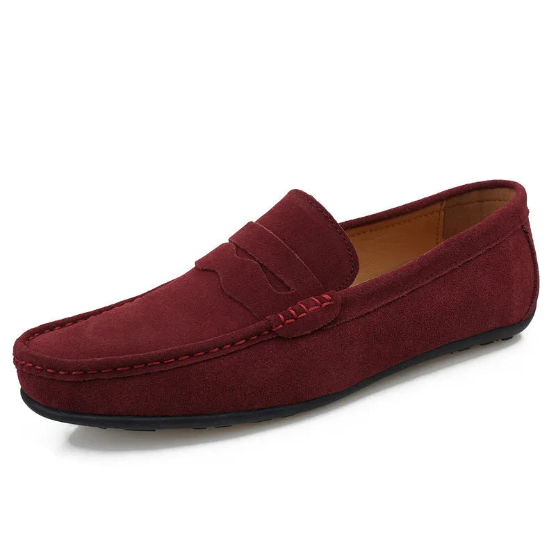 Men's suede slip-on loafers in solid colours with round toe and flat rubber sole
