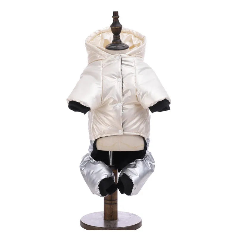 Green waterproof cotton dog coat on a dog, showing four-legged design.