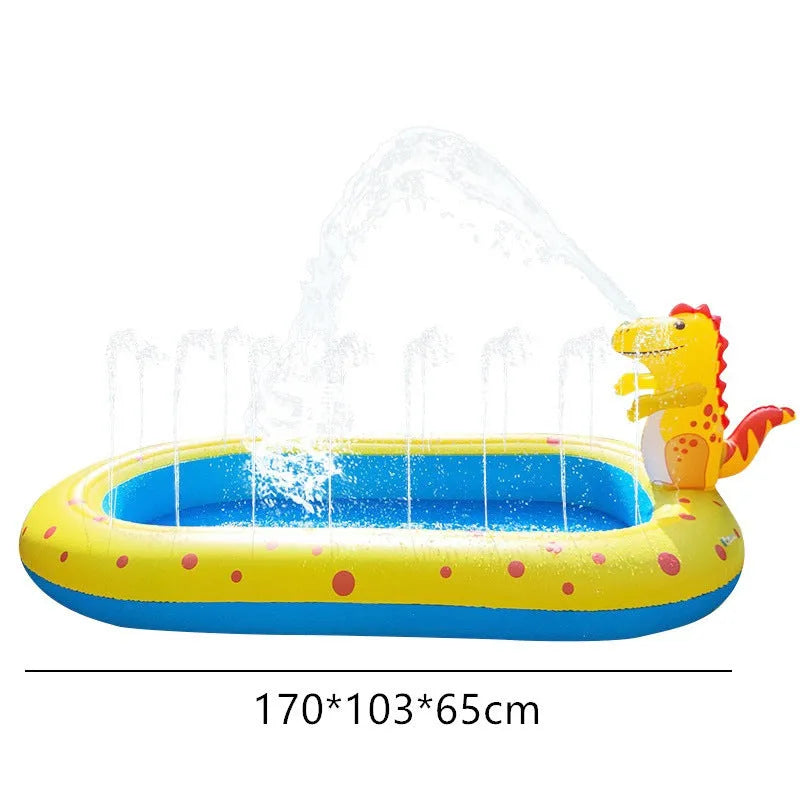 Blue dinosaur water spray pool for kids outdoor play measuring 170cm