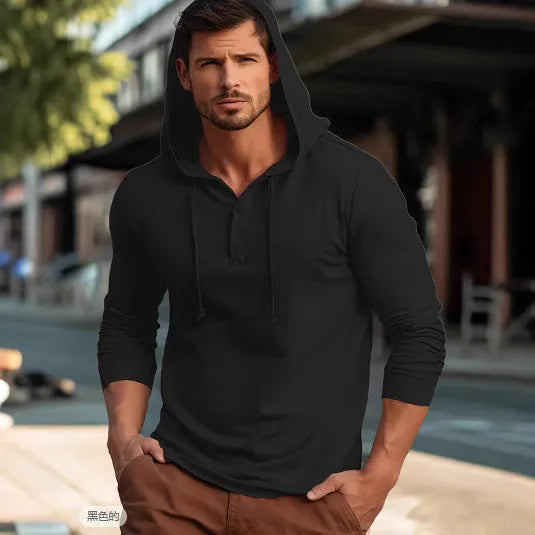 Men's dark blue cotton hoodie pullover with long sleeves on a hanger