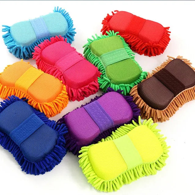 Silvery green microfiber chenille car wash sponge measuring 14x25 cm with spiral wool construction