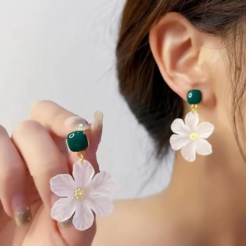 Dark green alloy drop earrings with sterling silver needle flowers design for women