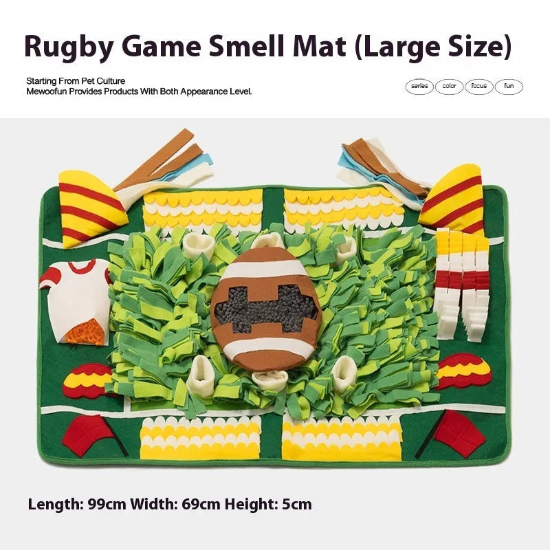 Plastic fabric dog sniffing mat in a thematic design, used for hiding food treats as a pet enrichment toy