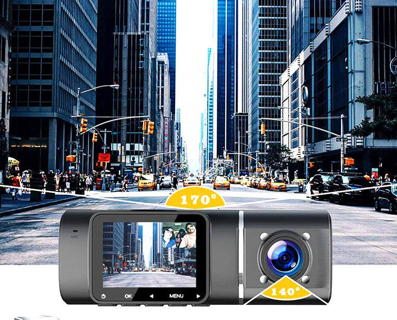Standard black car dash camera for front and rear recording with a 1.5-inch screen