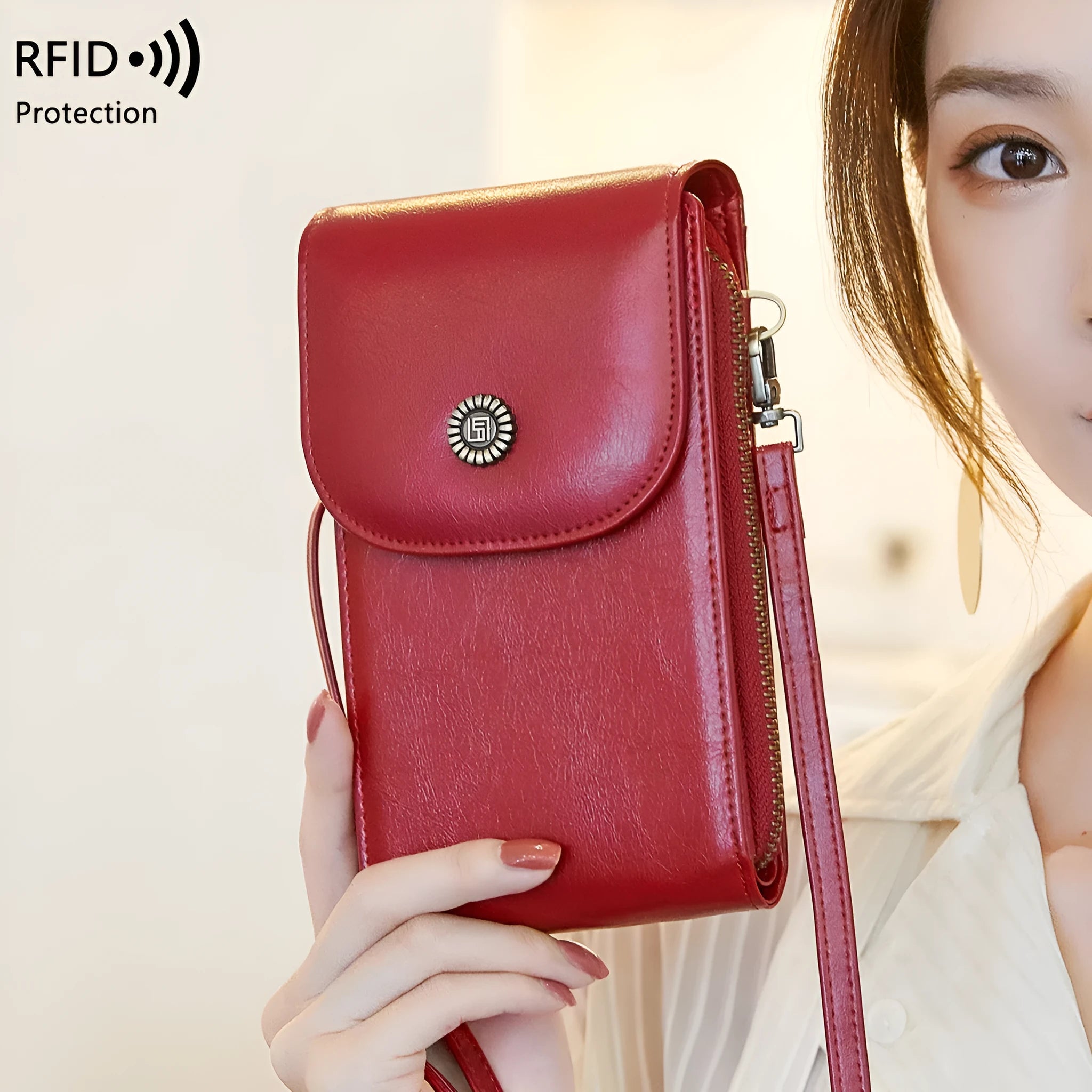 Anti-magnetic phone bag retro wax leather with stitching vertical square shape crossbody strap unisex