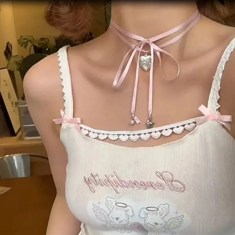 Women's alloy clavicle chain necklace with ribbon pendant featuring heart charm in multiple colour options