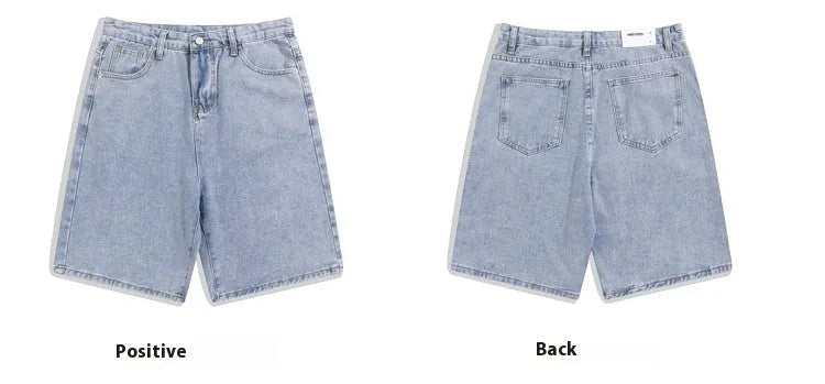 Men's solid colour denim shorts with straight-leg cut and five-point styling on mid-waist design