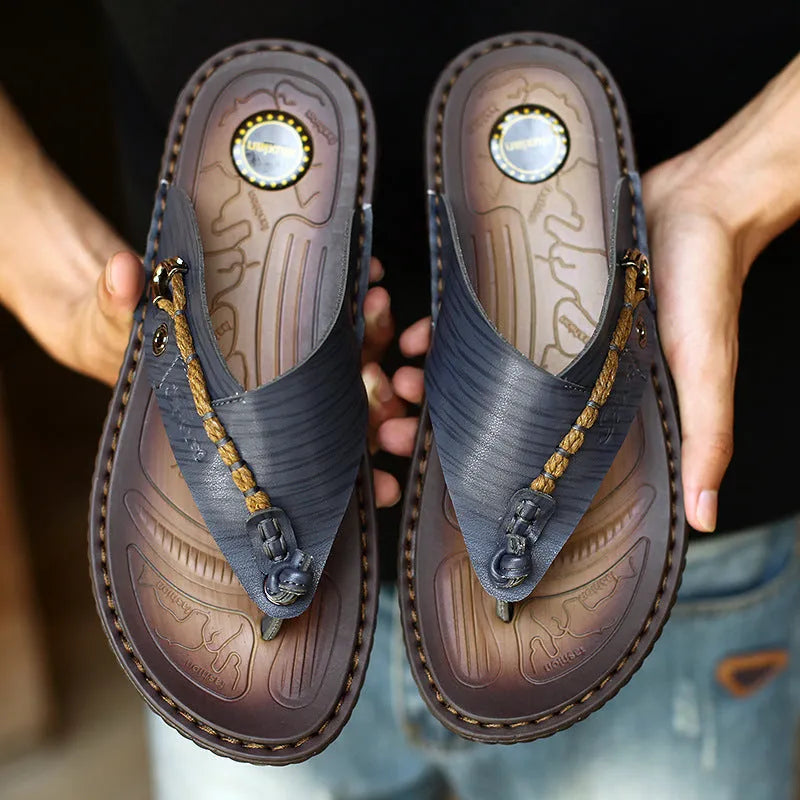 Men's plus size herringbone outdoor slippers in dark blue and khaki with rubber sole and leather lining