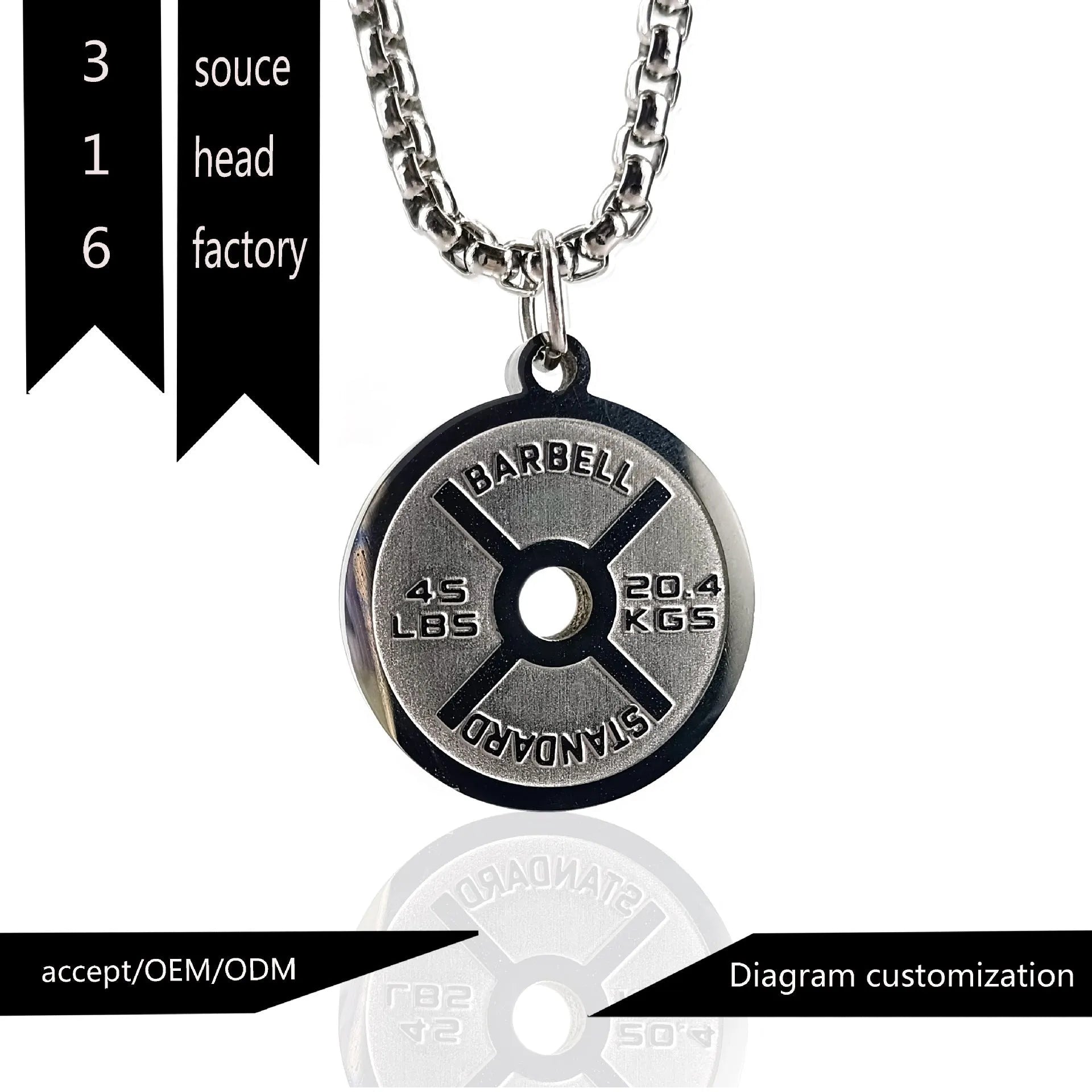 Polished stainless steel barbell disk geometric pendant necklace on a gold chain.
