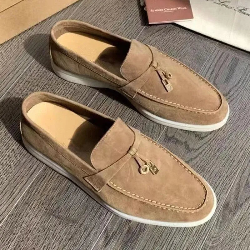 Gommino slip-on loafers with high-top design, round toe with steel head, and sewing line detail on artificial PU upper