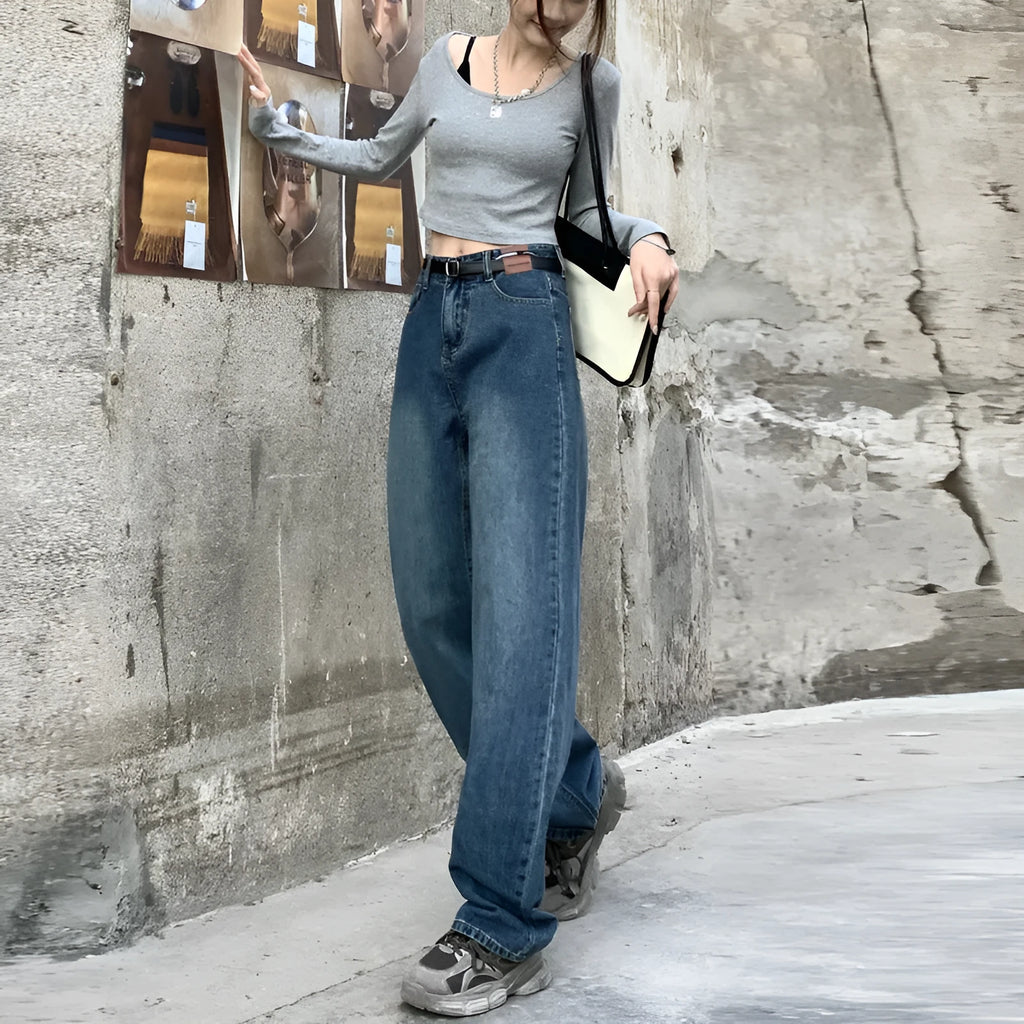 Women's retro blue straight leg jeans with high waist design in medium weight cotton denim