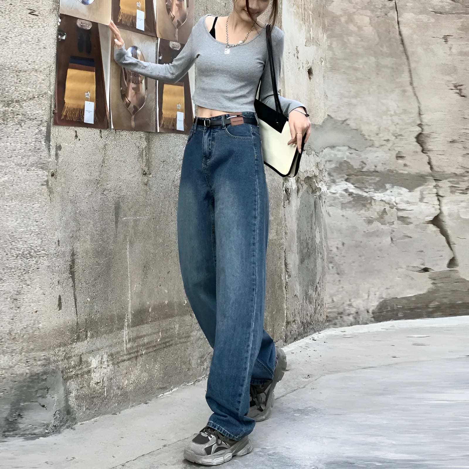 Women's retro blue straight leg jeans with high waist design in medium weight cotton denim
