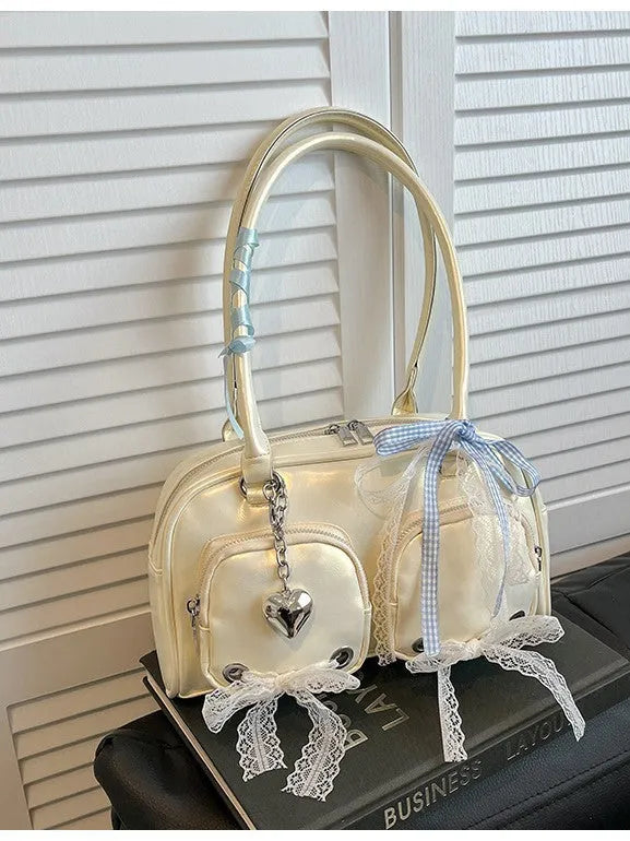 Beige PU casual shoulder bag with horizontal square shape and double shoulder straps