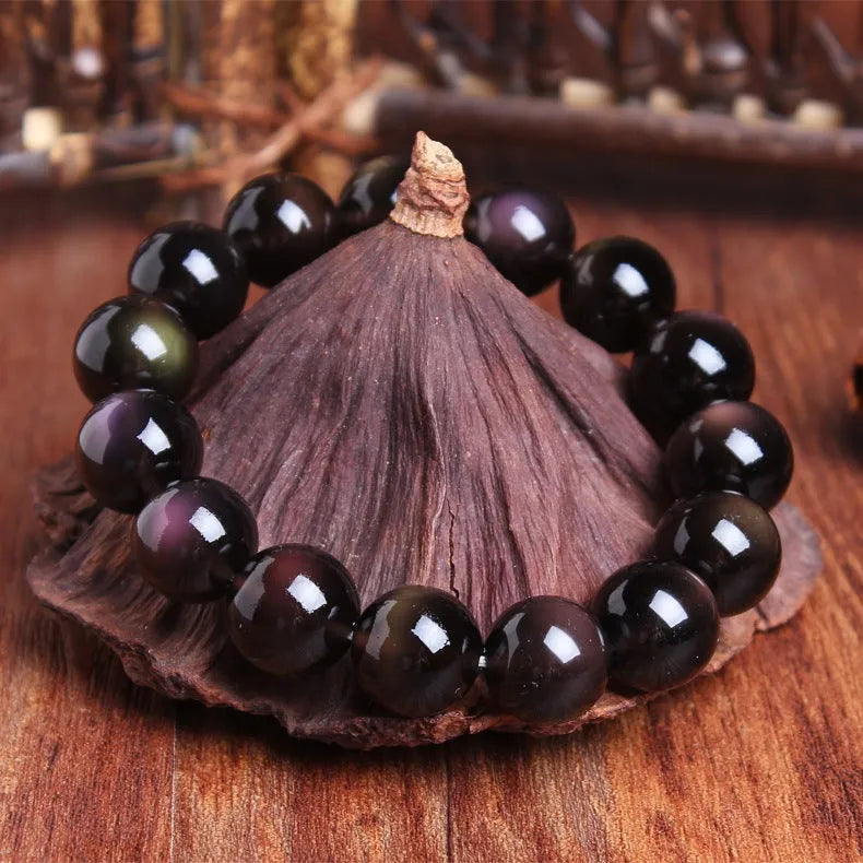 Natural icy obsidian Pi Xiu bracelet with double eye ice stone beads in geometric ethnic style available in multiple sizes