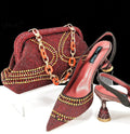 Women's pointed toe high heel shoes with rhinestones and matching small bag in selected colour