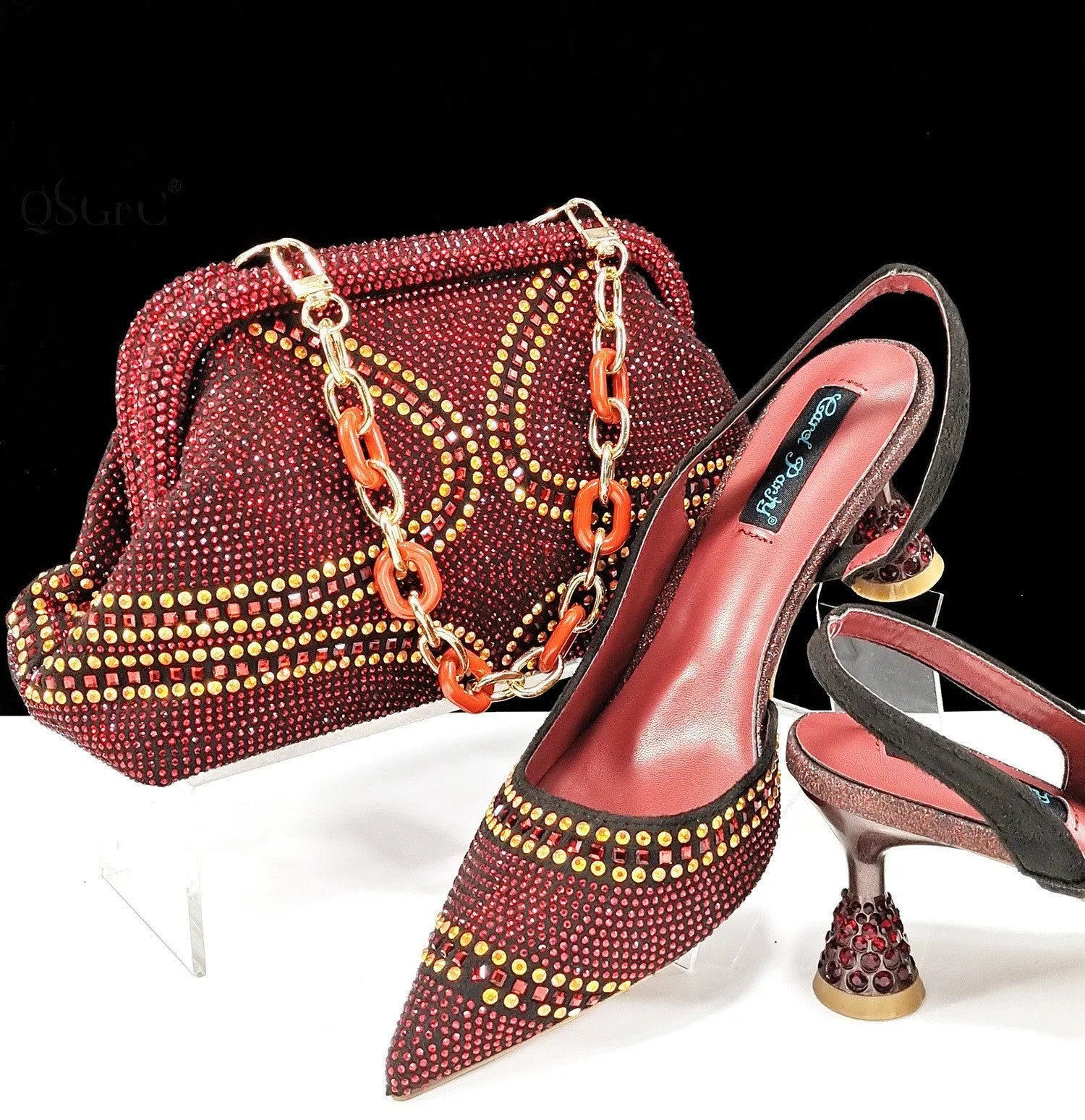 Women's pointed toe high heel shoes with rhinestones and matching small bag in selected colour