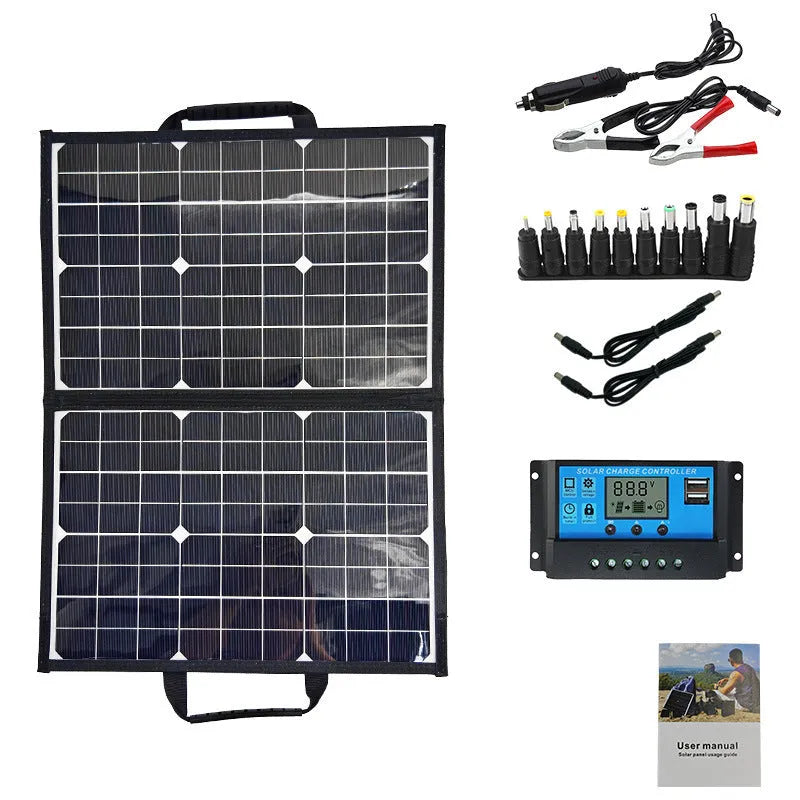 Black folding bag solar panel with 40 watt output and compact 425mm dimensions