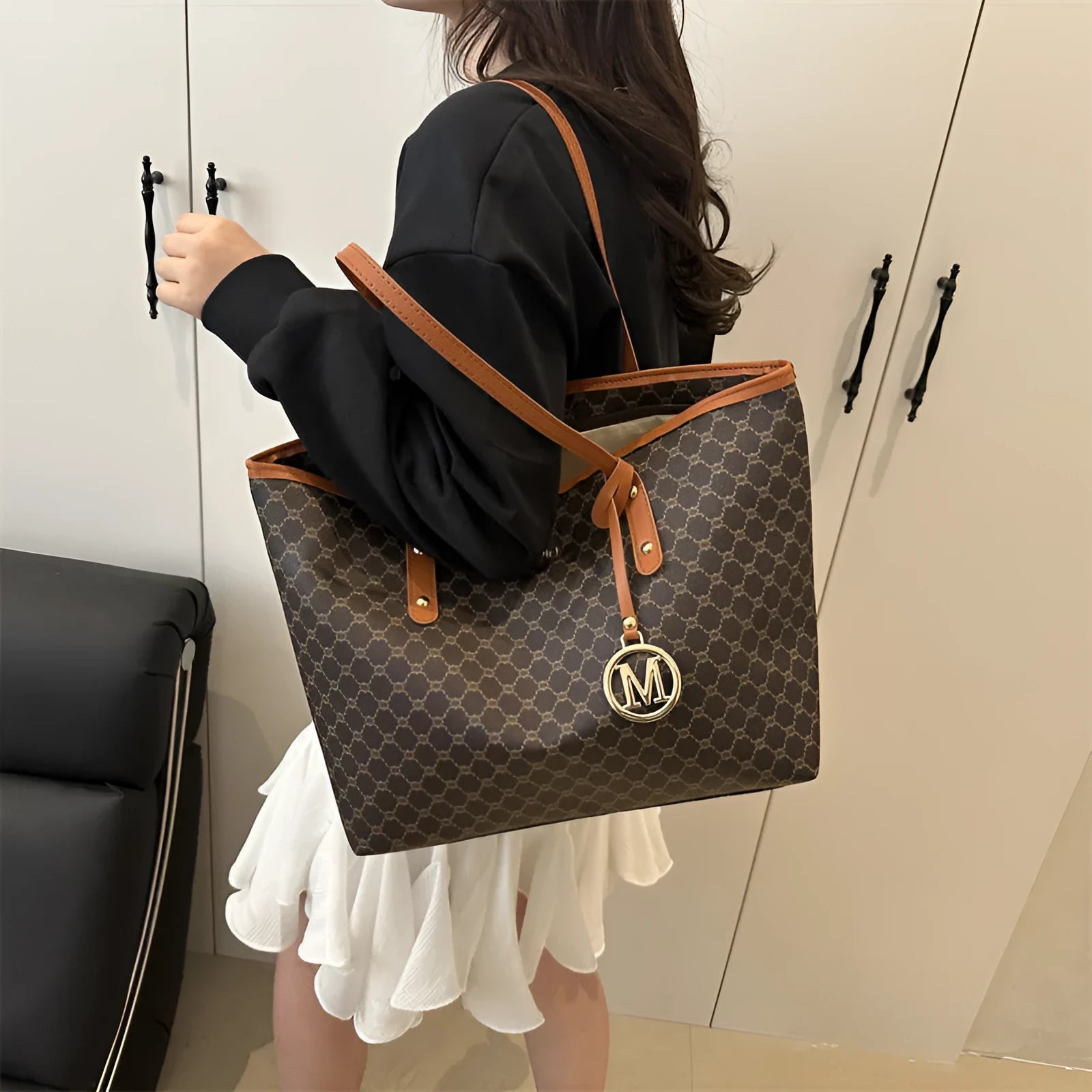 Women's PU leather shoulder bag with adjustable strap in black, grey, white, or brown colours