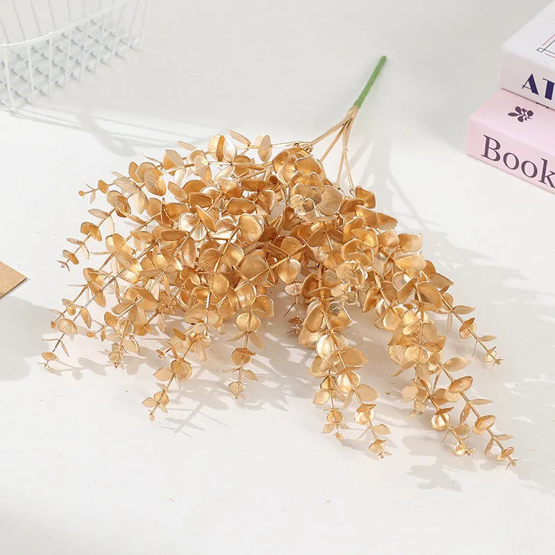 Artificial Persian eucalyptus ginkgo leaf flower arrangement in gold plastic for wedding home decor