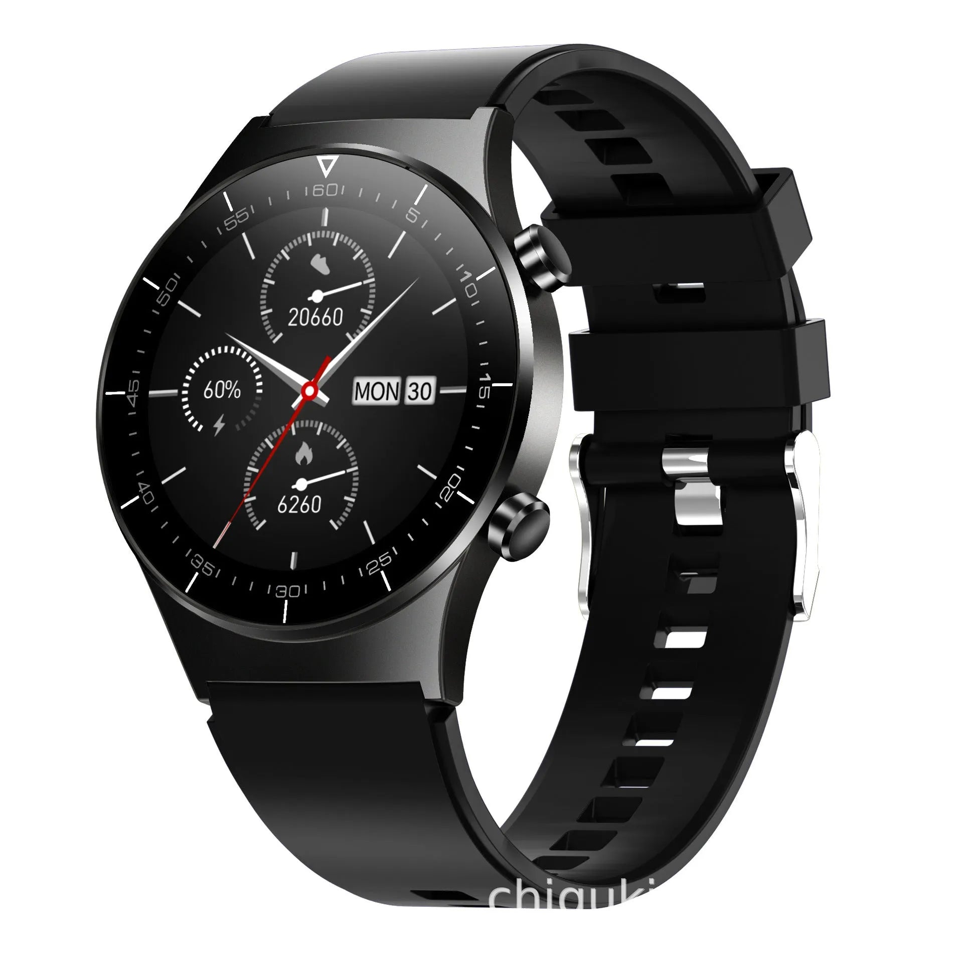 Black smart watch with heart rate monitoring on TPU wristband showing 1.28-inch touch screen display