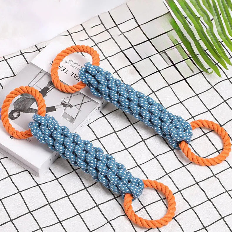 Blue double-ring cotton knot dog toy on white background, 37cm long
