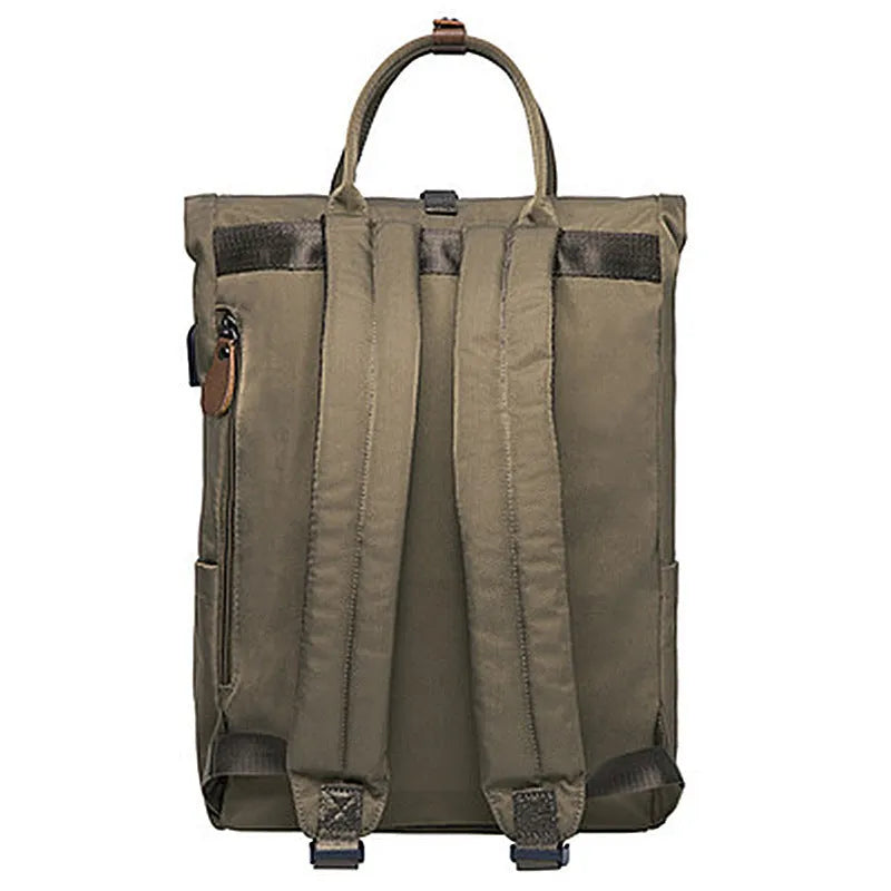Casual black polyester backpack with cover opening, showing internal laptop pocket.