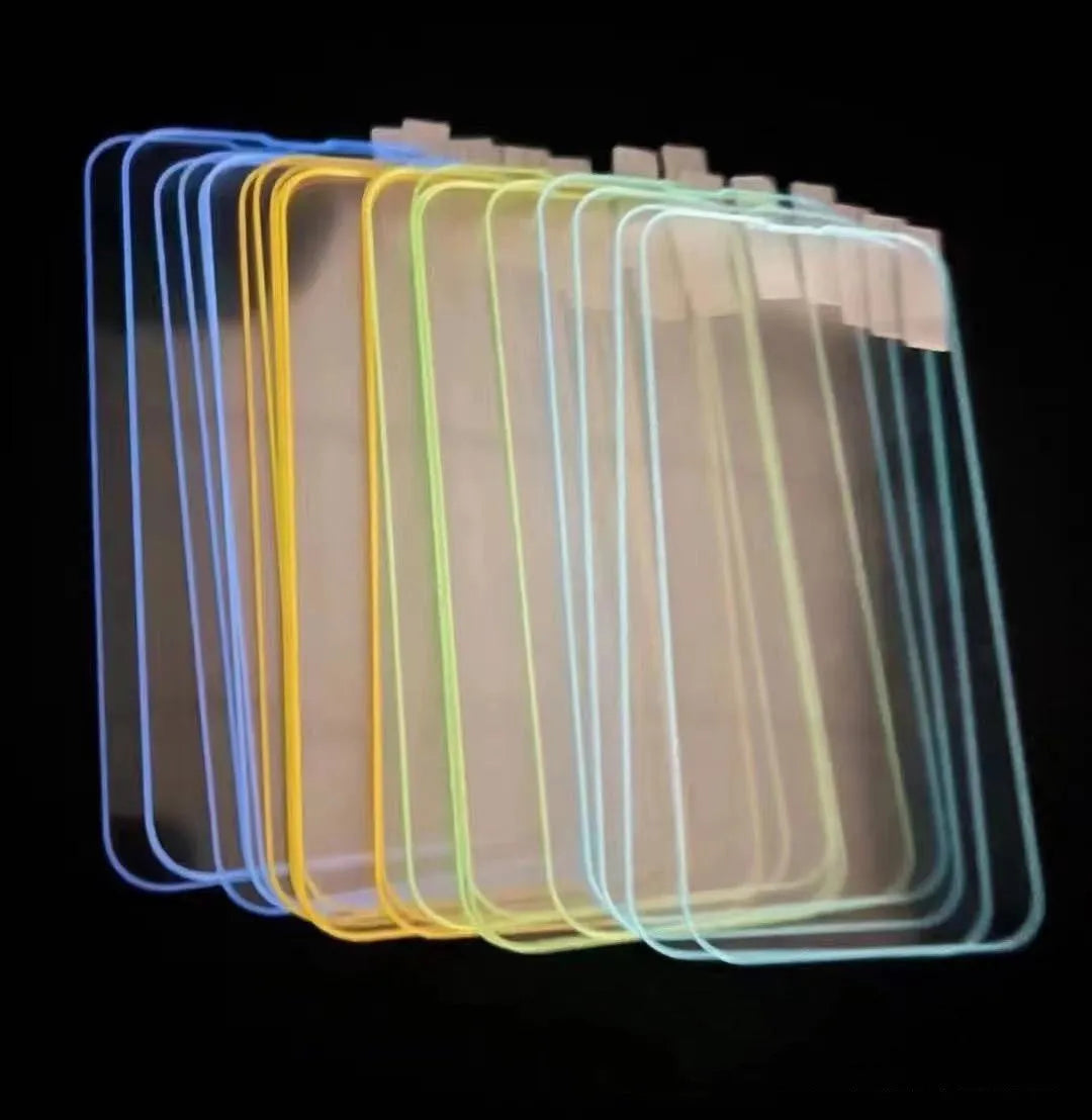 Fluorescent glowing tempered glass screen protector for iPhone on a dark background.