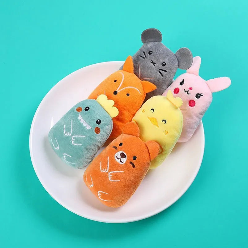Four small plush cat chewing toys with catnip and squeakers for teeth grinding play