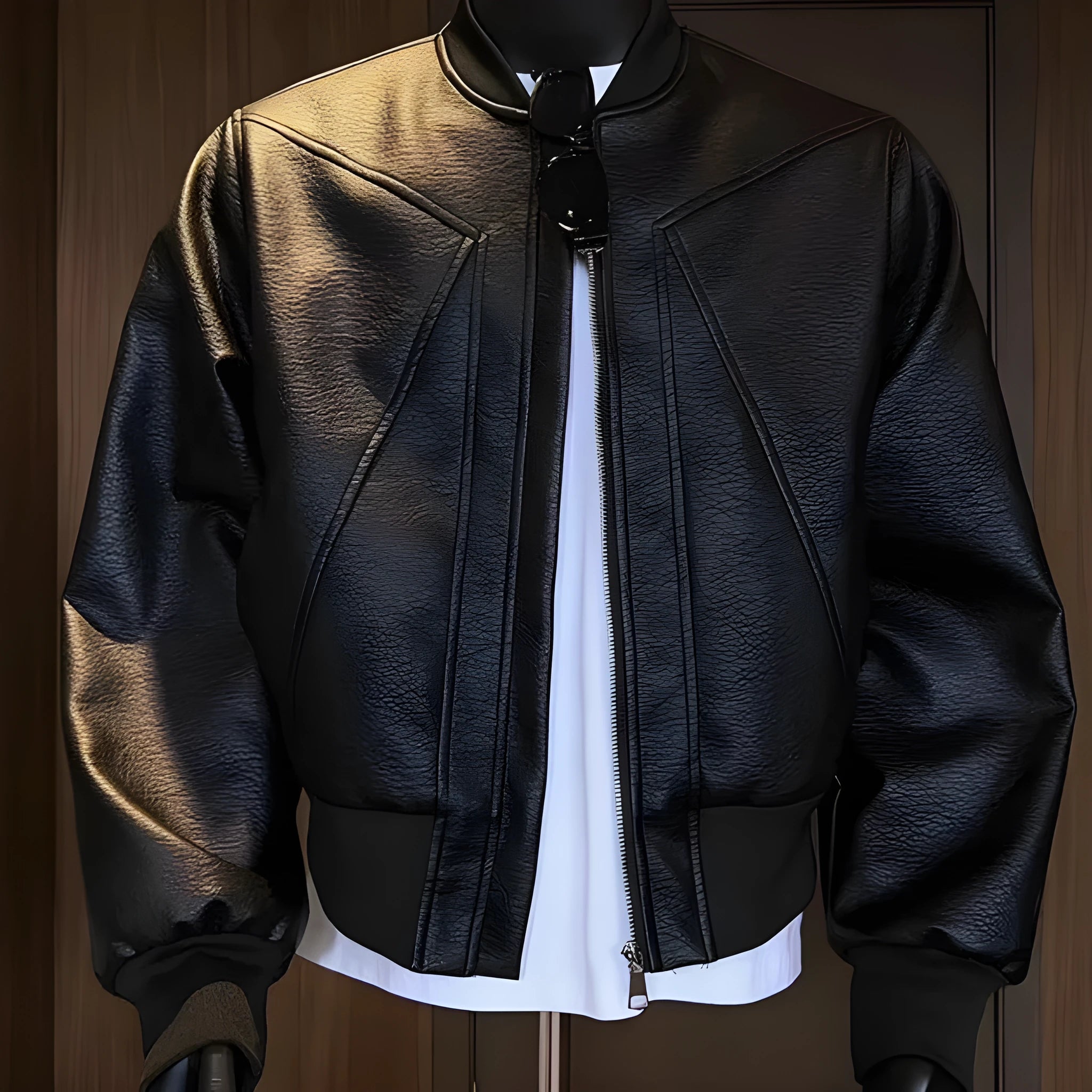 Men's slim-fit black PU leather motorcycle jacket with litchi grain texture and extended length